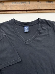Vintage 90s GAP Cotton Short Sleeve V Neck T-Shirt Faded Black MEDIUM USA Made - Picture 1 of 6