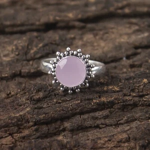 Rose Chalcedony Sterling Silver Mother Bezel Set Handmade Band Boho Promise Ring - Picture 1 of 8