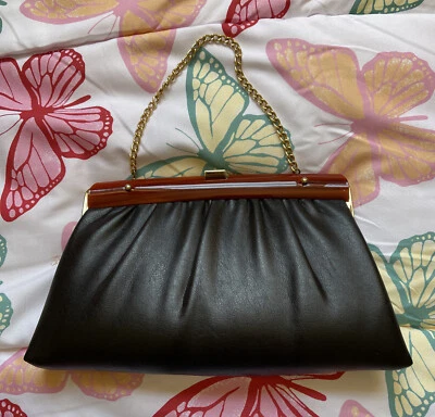 Vintage Black Dark Gray Purse Clutch Top Accent Gold Closure - Image 1 of 4