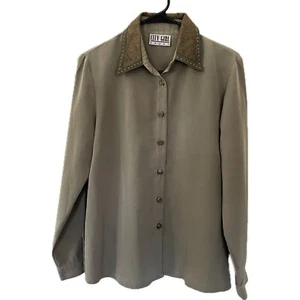 City Girl Sport Taupe Button-Up Shirt With Faux Suede Studded Collar Womens M - Picture 1 of 5