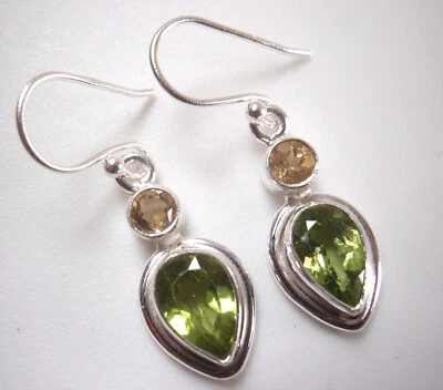Pendientes de plata de ley 925 con doble gema de peridoto facetado y lágrima de citrino Foto 1 de 2