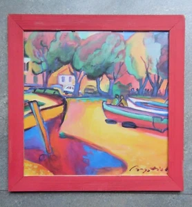 Conversación Fauvista Bautista Gerry en la Costa. Barcos en la playa con estampado enmarcado - Imagen 1 de 5