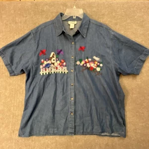 Effeci Plus Women’s 2X Embroidered Denim Shirt Vintage Short Sleeve Cottagecore - Picture 1 of 6