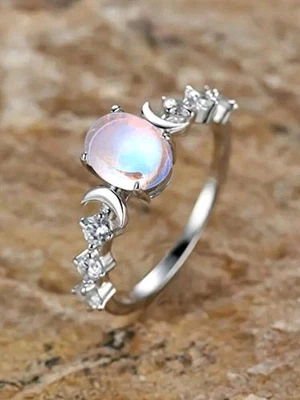 Anel oval de cobre banhado a prata CZ pedra da lua com luas e incrustação na banda tamanho 5 - Imagem 1 de 2