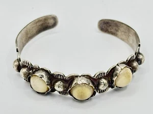 ANTIQUE Mexico Sterling Silver Cuff Bracelet White Stones Native American Marks - Picture 1 of 9