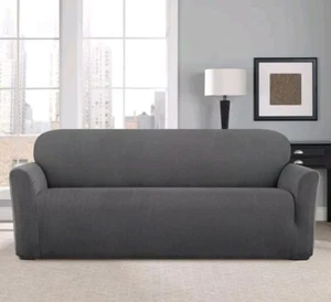 SureFit Loveseat Slipcover Grey Modern Chevron Box Cushion 58-73" Sofa Couch NEW - Picture 1 of 11