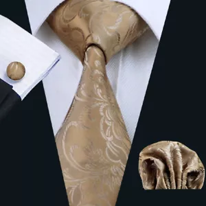 100% Silk Golden Brown Floral Men Tie Set Handkerchief Cufflinks Men Necktie Set - Picture 1 of 2