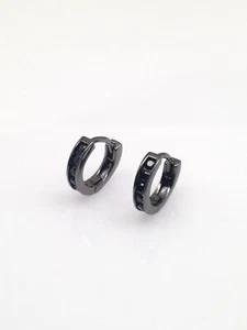925 Sterling Silver Black Onyx Huggie Hoop Earrings Men Women 10mm x2mm SMALL - Picture 1 of 12