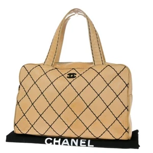 CHANEL CC Logo Wild Stitch Hand Tote Bag Leather Beige Black Italy 11KA568 - Picture 1 of 16
