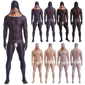Mens Bodystockings Sexy Hooded One Piece Bodysuit Open Crotch Jumpsuit Adult - Picture 1 of 43