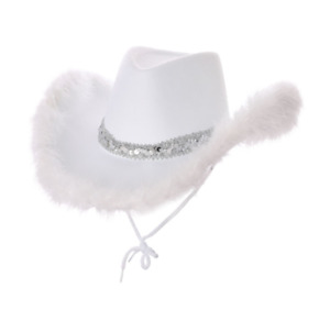 NEW Texan Cowgirl White Sequins & Marabou Feather Cowboy Hat Hen Party Accessory