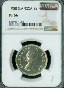 1958 SOUTH AFRICA SILVER 2 SHILLINGS NGC PF66 MAC SPOTLESS 985 MINTED RARE *  - Picture 1 of 2