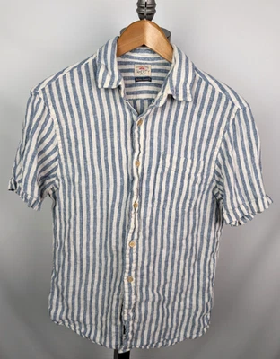 FAHERY Palma Linen Sz M Slim Fit S/S Shirt White Blue Stripe Button Up - Image 1 of 4