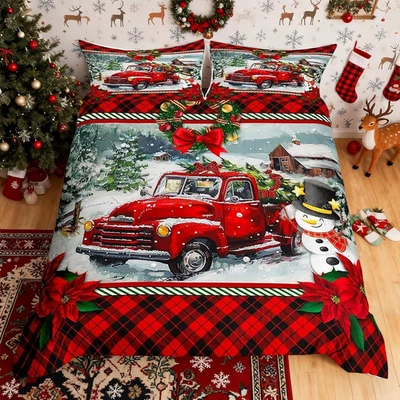 Juego de funda nórdica para camión de Navidad tamaño completo niños niñas niños rojo a cuadros decoración pino T Foto 1 de 4