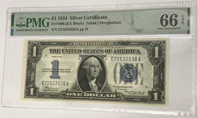 1934 $1 Silver Certificate PMG 66 Gem Uncirculated EPQ Fr#1606 EA Block - Image 1 of 2