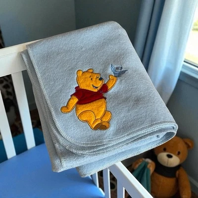 Vintage Disney Winnie The Pooh Fleece Baby Blanket Light Blue Boy Nursery Crib - Image 1 of 4