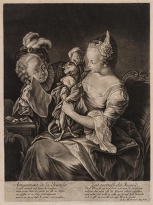 J. HAID (1704-1767), Mädchen mit Kätzchen, Mezzotinto Rokoko Mode 1700-1749 - Bild 1 von 8