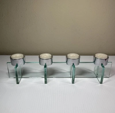 Votive Tea Light 4 Candle Holder Glass & Chrome 4”x14” - Image 1 of 4