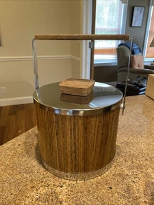 Kromex Mid Century Ice Bucket Vintage Woodgrain Chrome Wood Handle. Vintage 1970 - Picture 1 of 3