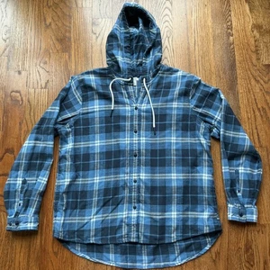LL Bean Women Hooded Shirt Jacket Size XL Blue Plaid Button Up Outdoor Fall - Picture 1 of 7
