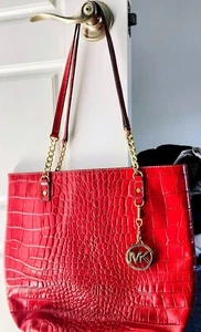 Michael Kors Croc Embossed Jet Set Leather Tote Gold Details Logo Red New - Picture 1 of 6