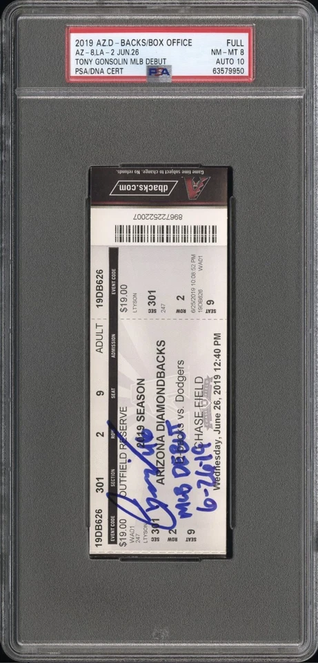 TONY GONSOLIN SIGNED MLB DEBUT FULL 🎟 2019 DODGERS 6/2 POP 1/1🔥PSA 8 AUTO 10💎 - Image 1 of 4