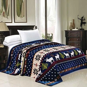 Twin Queen Size Bed Navy Blue Red Reindeer Christmas Snow Winter Fleece Blanket - Picture 1 of 2