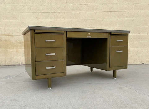 1960s Double Pedestal Tanker Desk, Refinished in Brass w/Natural Steel Top Cover