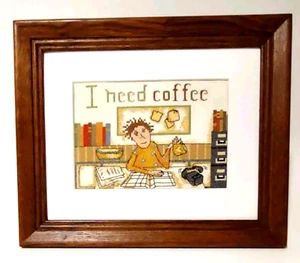 I Need Coffee Cross Stitch Office Worker at Desk Completed Framed 11¾ x 10¾" - Bild 1 von 4