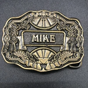 Vintage 1970s Belt Buckle Marked MIKE by Oden Western Style Scalloped Edge Brass - Picture 1 of 8