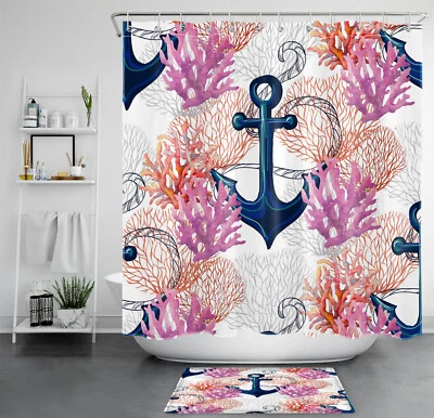 Juego de accesorios de baño cortina de ducha coral rosa vida marina ancla náutica Foto 1 de 4