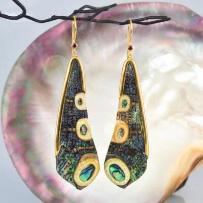 Dragonfly Wing Earrings Abalone Carving Gold Vermeil Sterling Silver Ruby 11.08g - Image 1 of 4