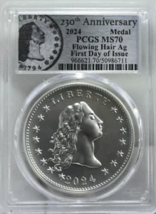 2024 Silver Flowing Hair Ag 230Th Anniv Medal PCGS MS70 FDOI - Picture 1 of 2