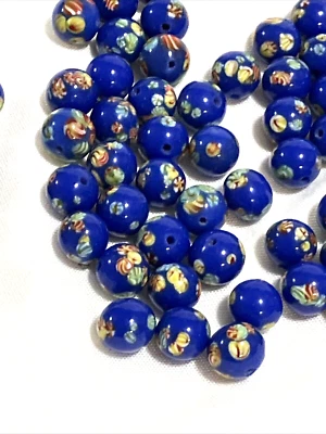 RARE Blue VTG Lot 7 Skunk Venetian Lamp Work African Trade Beads Flowers Japan - Image 1 of 4