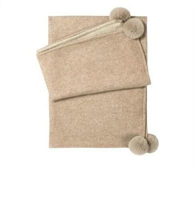 New Yves Delorme Bois Throw Blanket Merino Cashmere Wool Fur Pompoms Tan Luxury - Image 1 of 4
