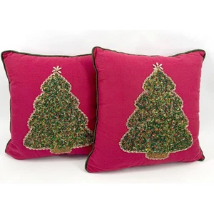 Pier 1 One Beaded Christmas Tree Pillow (2) 13x13 Red Holiday Decor Colorful VTG - Picture 1 of 6