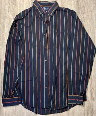 Vintage DeeCee Tall Man Striped Button Up Shirt L USA Made Navy Red Brown 80s  - Image 1 of 4