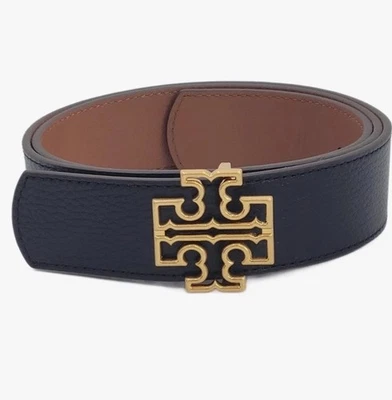 Tory Burch Britten Logo Reversible 1" Width Belt Black And Brown. Gold Logo - Image 1 of 4