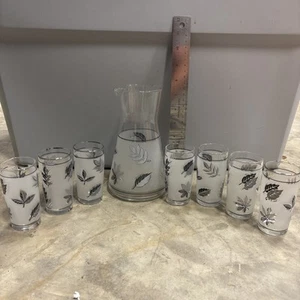 7 Silver Leaf Frosted Drinking Glasses Libbey Libby Vintage MCM Plus Carafe - Picture 1 of 4