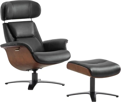 Genuine Leather Reclining Swivel Chair with Adjustable Headrest and Ottoman for - Image 1 of 4