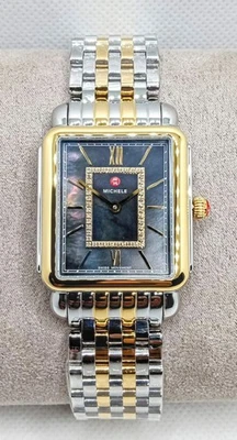 NEW Michele Deco II Two Tone Gold Silver Navy Blue Diamond Watch MWW06X000050 - Image 1 of 4