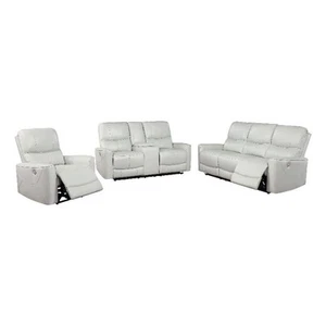 Pemberly Row 3-piece Faux Leather Power Reclining Sofa Set Ivory - Picture 1 of 19