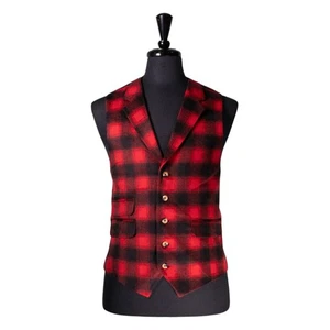 Mens 42R Wool Vest Buffalo Check Red Black Plaid Waistcoat Formal Wedding Party - Picture 1 of 10