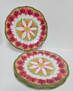 Cynthia Rowley Melamine Dinner Plates 10.5" Set of 4 Pink Lime Floral Scalloped