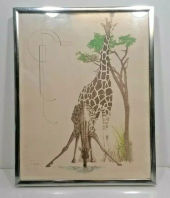 Vintage Framed Giraffes at Watering Hole 1976 Scafa-Tornabene Art Litho  - Image 1 of 4