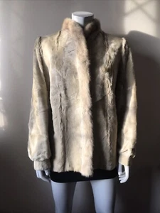 VINTAGE Real Fur Beige Jacket With High Collar And Metal Clip Fastenings Size 14 - Picture 1 of 24