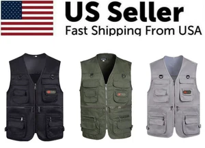 Mens Fishing Hiking Camping Gilet Waistcoat Tops Cargo Multi Pocket Utility Vest - Picture 1 of 27