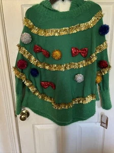Green Ugly Christmas sweater garland ornaments hanging L/XL Merry Bright Hooded - Picture 1 of 8
