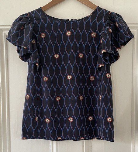 Camicetta donna H&M X Kenzo nera stampa geometrica manica svasata seta UK 6 EU 34