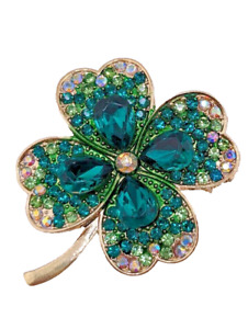 LUCKY GREEN FOUR-LEAF CLOVER BROOCH crystal shamrock pin St. Patrick's Day O3